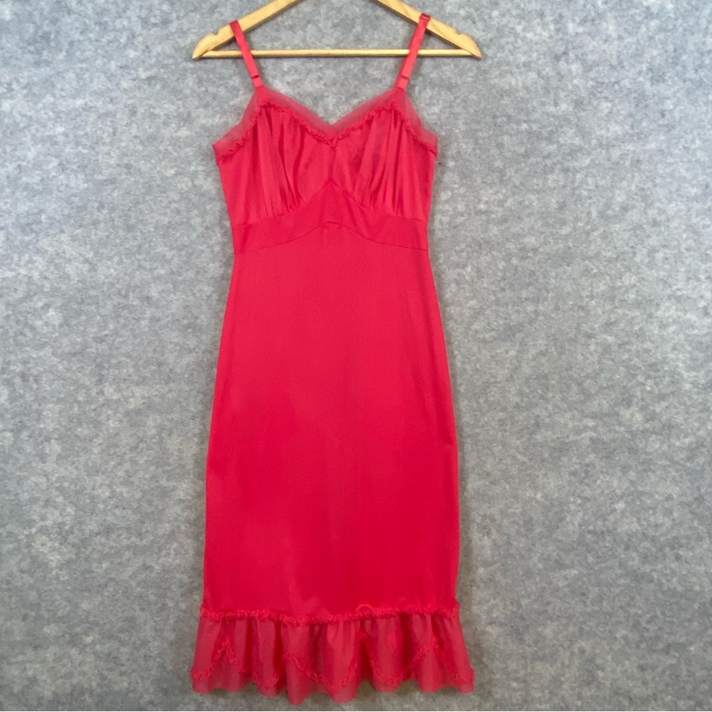 Shadowline‎ 50s 60s Vintage Long Nightgown Size 34 Red Ruffle Floral Nylon